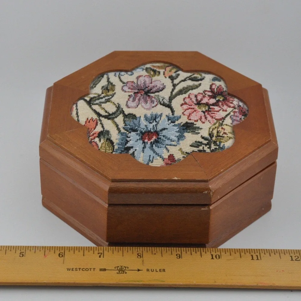 Vintage‎ Jewelry Box Brown Floral Tapestry Octagon Wood Mirror